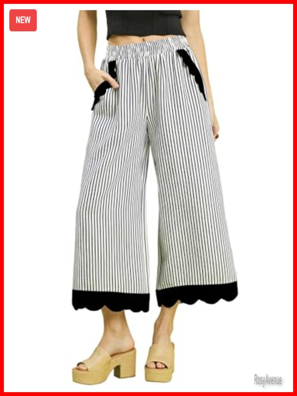 Women's Striped Wide Leg Cropped Pants Elastic Waist Scalloped Hem Casual